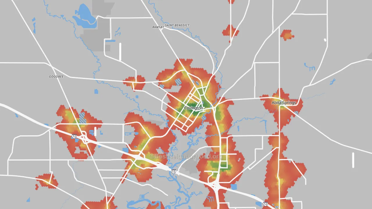 Walk Grade map of Covington, LA, walkable areas in green and car-dependent areas in red