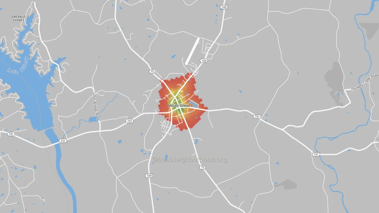 Walk Grade map of Covington, NC, walkable areas in green and car-dependent areas in red