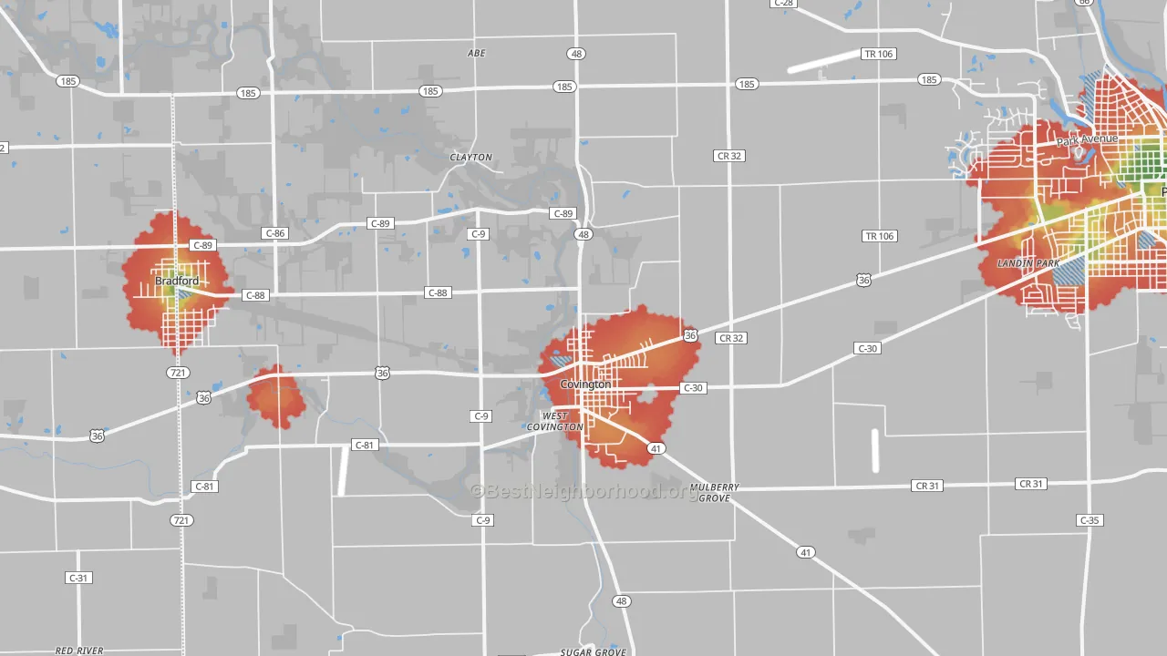 Walk Grade map of Covington, OH, walkable areas in green and car-dependent areas in red
