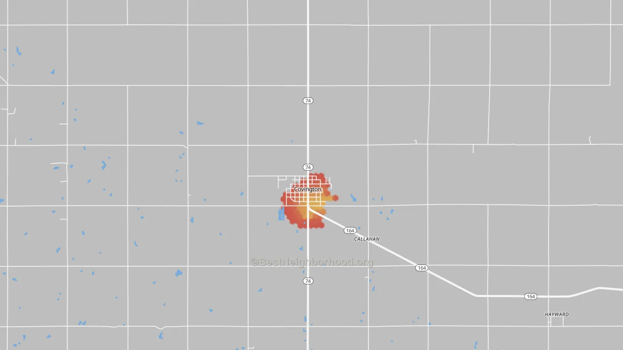 Walk Grade map of Covington, OK, walkable areas in green and car-dependent areas in red