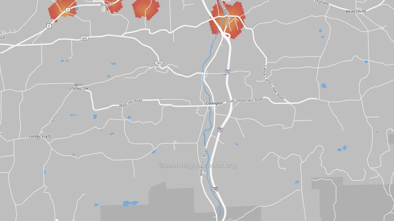 Walk Grade map of Covington, PA, walkable areas in green and car-dependent areas in red