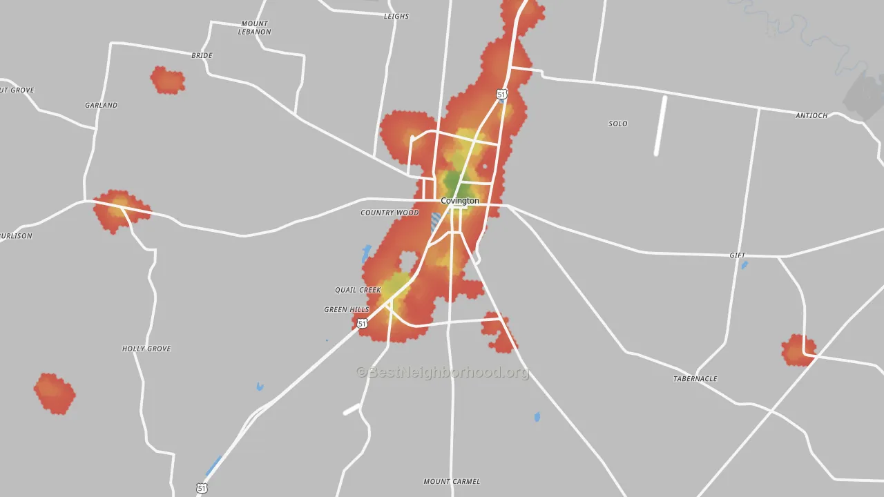 Walk Grade map of Covington, TN, walkable areas in green and car-dependent areas in red