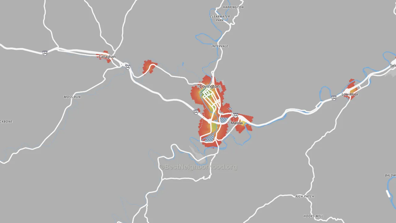 Walk Grade map of Covington, VA, walkable areas in green and car-dependent areas in red