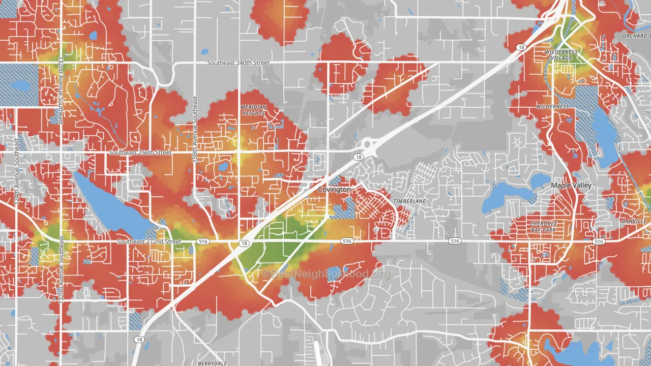 Walk Grade map of Covington, WA, walkable areas in green and car-dependent areas in red