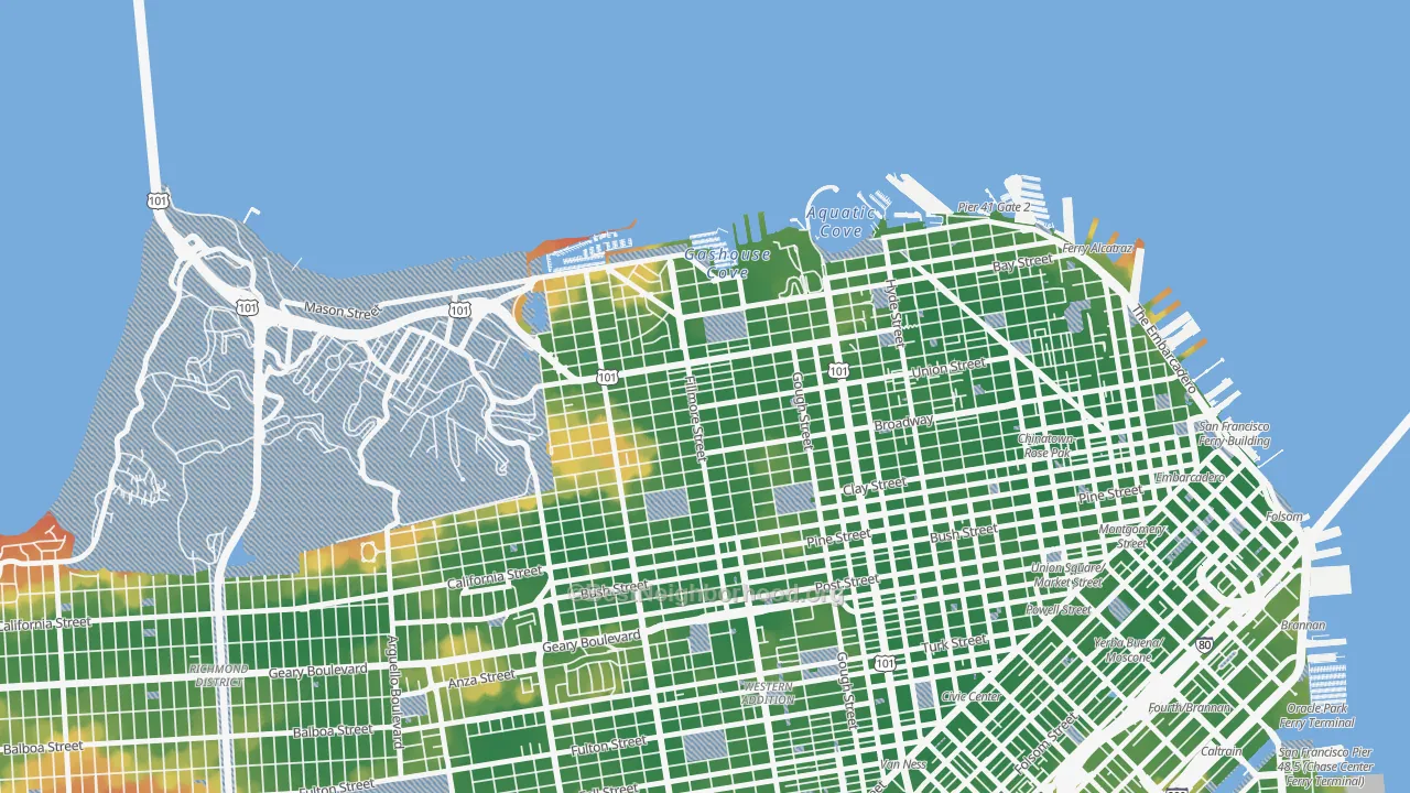 Walk Grade map of Cow Hollow, San Francisco, CA, walkable areas in green and car-dependent areas in red