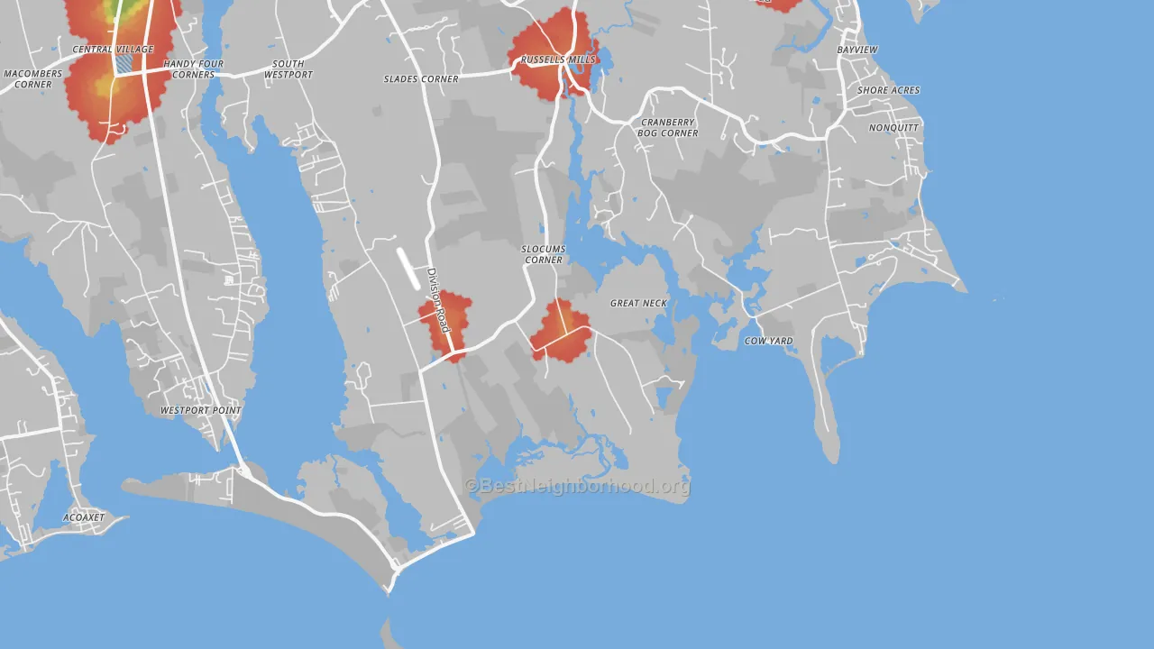 Walk Grade map of Cow Yard, MA, walkable areas in green and car-dependent areas in red