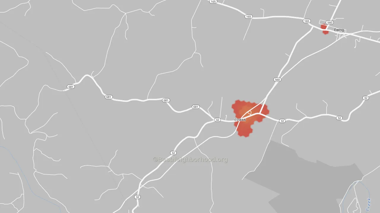 Walk Grade map of Cowan, KY, walkable areas in green and car-dependent areas in red