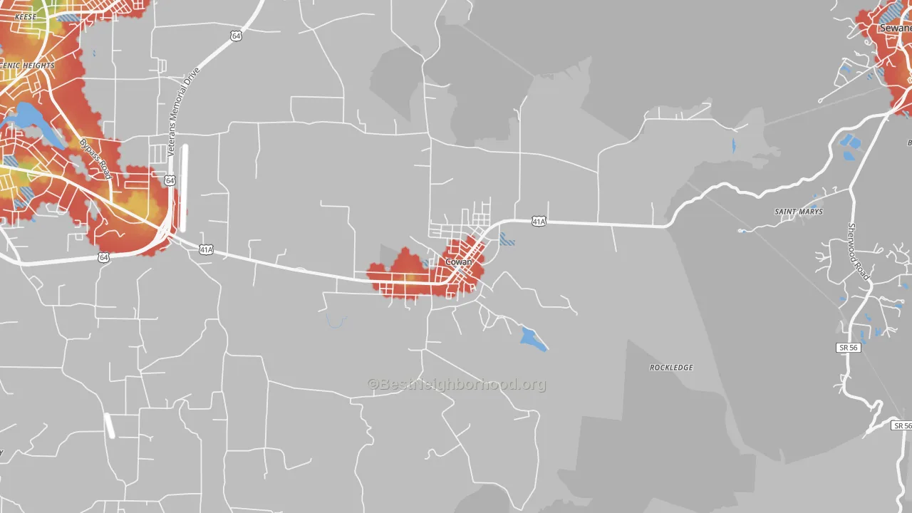 Walk Grade map of Cowan, TN, walkable areas in green and car-dependent areas in red