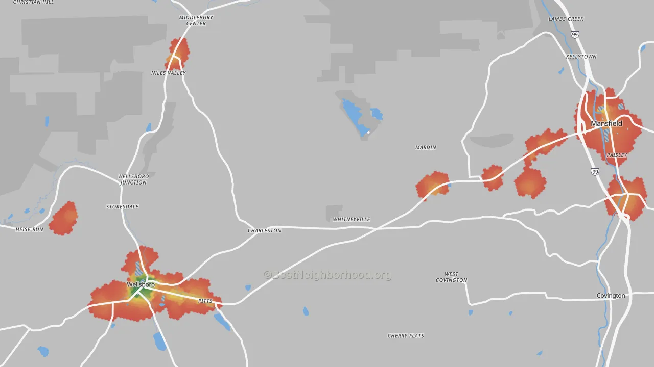 Walk Grade map of Cowanesque, PA, walkable areas in green and car-dependent areas in red