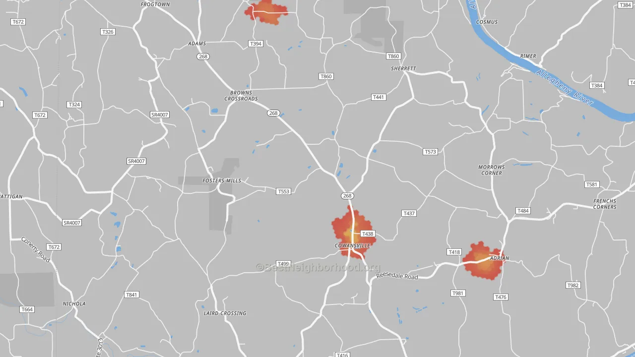 Walk Grade map of Cowansville, PA, walkable areas in green and car-dependent areas in red