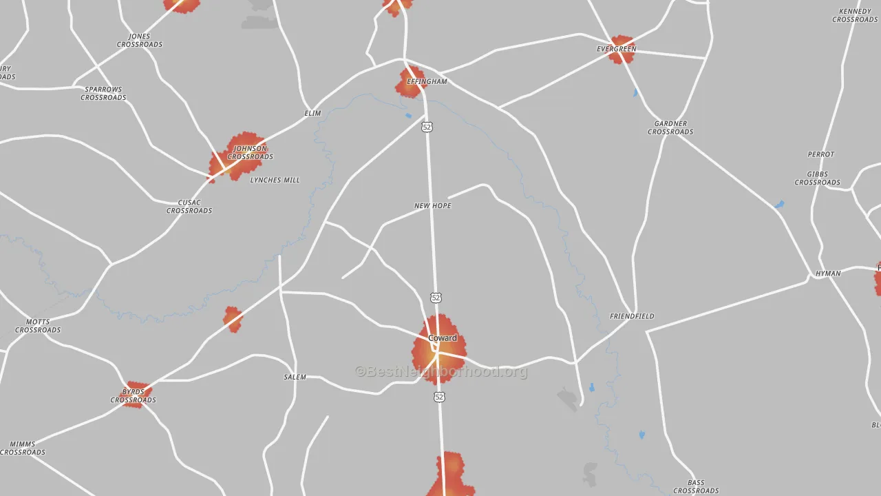 Walk Grade map of Coward, SC, walkable areas in green and car-dependent areas in red