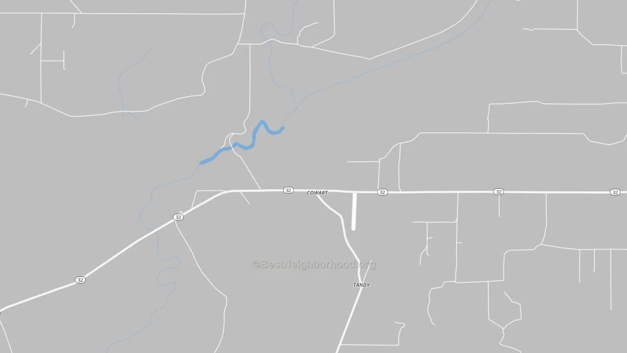 Walk Grade map of Cowart, MS, walkable areas in green and car-dependent areas in red