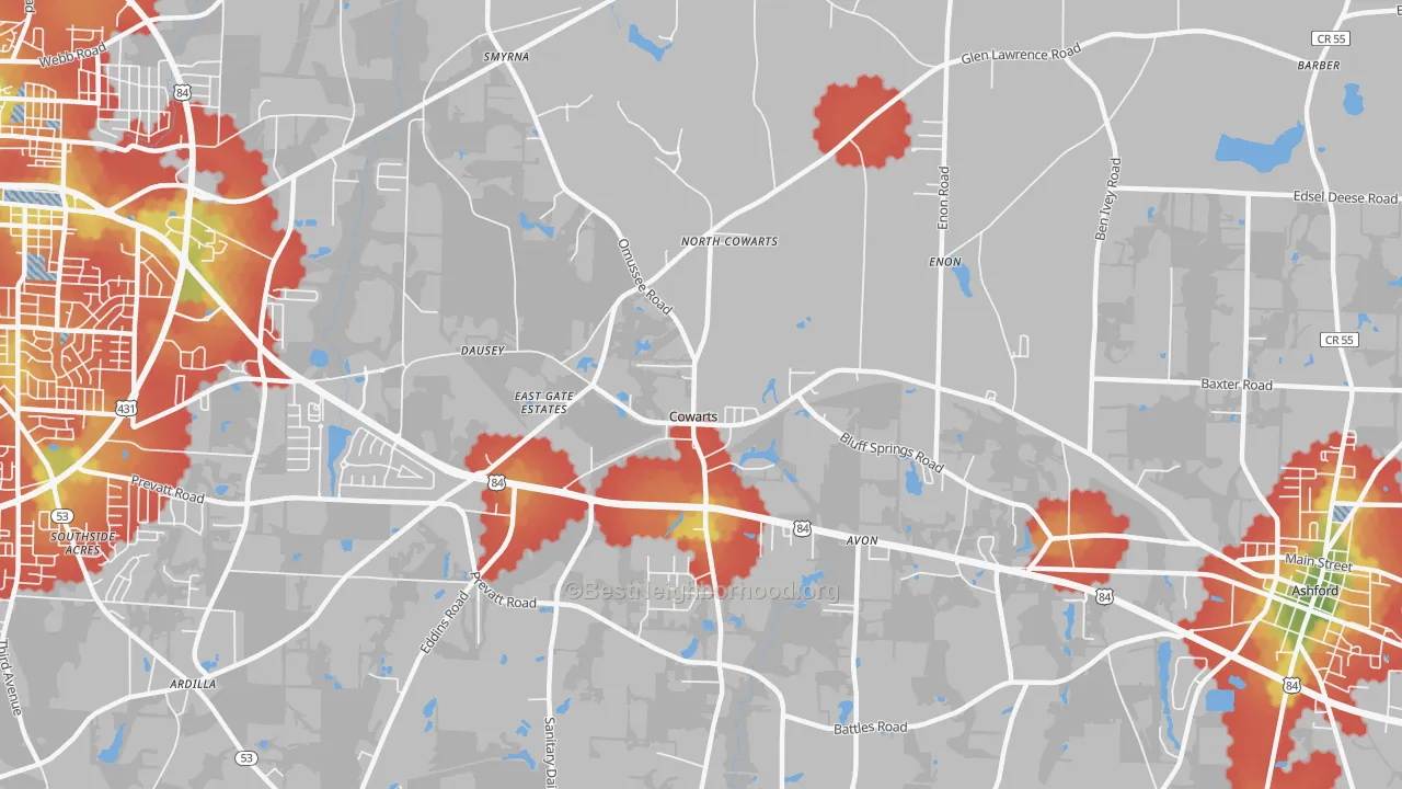 Walk Grade map of Cowarts, AL, walkable areas in green and car-dependent areas in red