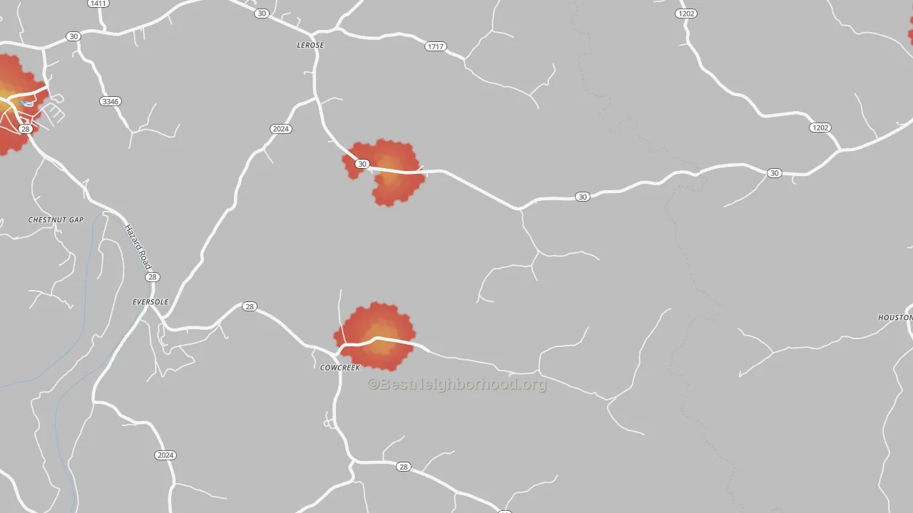 Walk Grade map of Cowcreek, KY, walkable areas in green and car-dependent areas in red