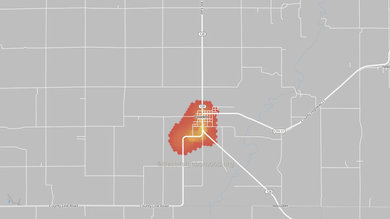 Walk Grade map of Cowden, IL, walkable areas in green and car-dependent areas in red