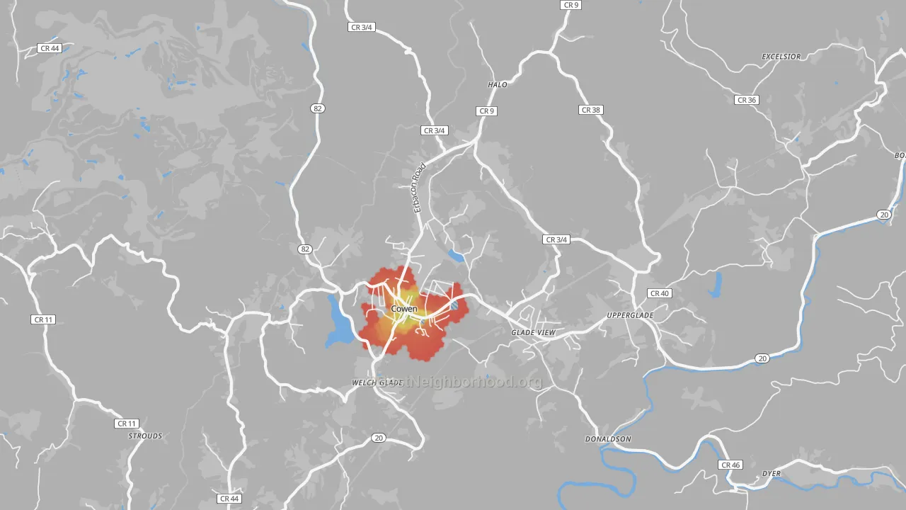 Walk Grade map of Cowen, WV, walkable areas in green and car-dependent areas in red