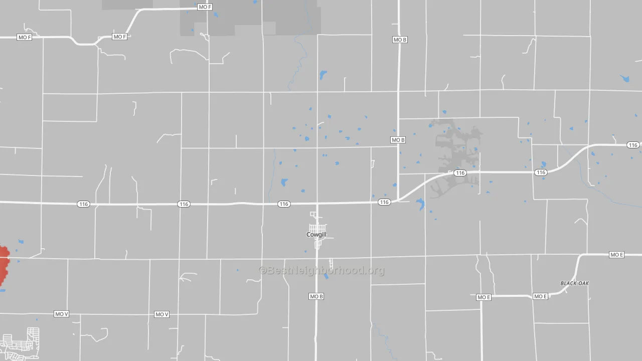 Walk Grade map of Cowgill, MO, walkable areas in green and car-dependent areas in red