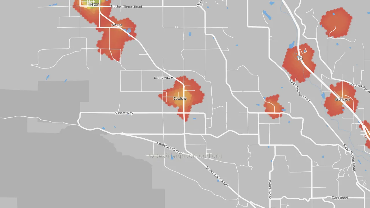 Walk Grade map of Cowiche, WA, walkable areas in green and car-dependent areas in red