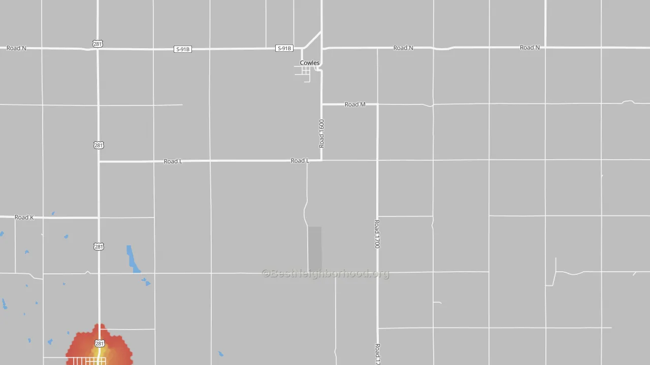 Walk Grade map of Cowles, NE, walkable areas in green and car-dependent areas in red
