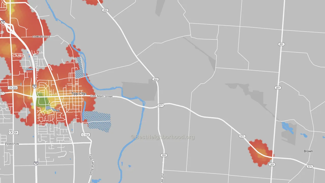 Walk Grade map of Cowlesville, OH, walkable areas in green and car-dependent areas in red