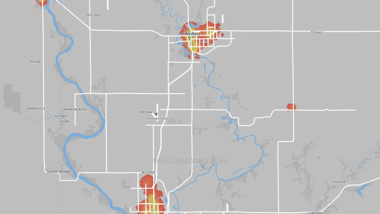 Walk Grade map of Cowley County, KS, walkable areas in green and car-dependent areas in red