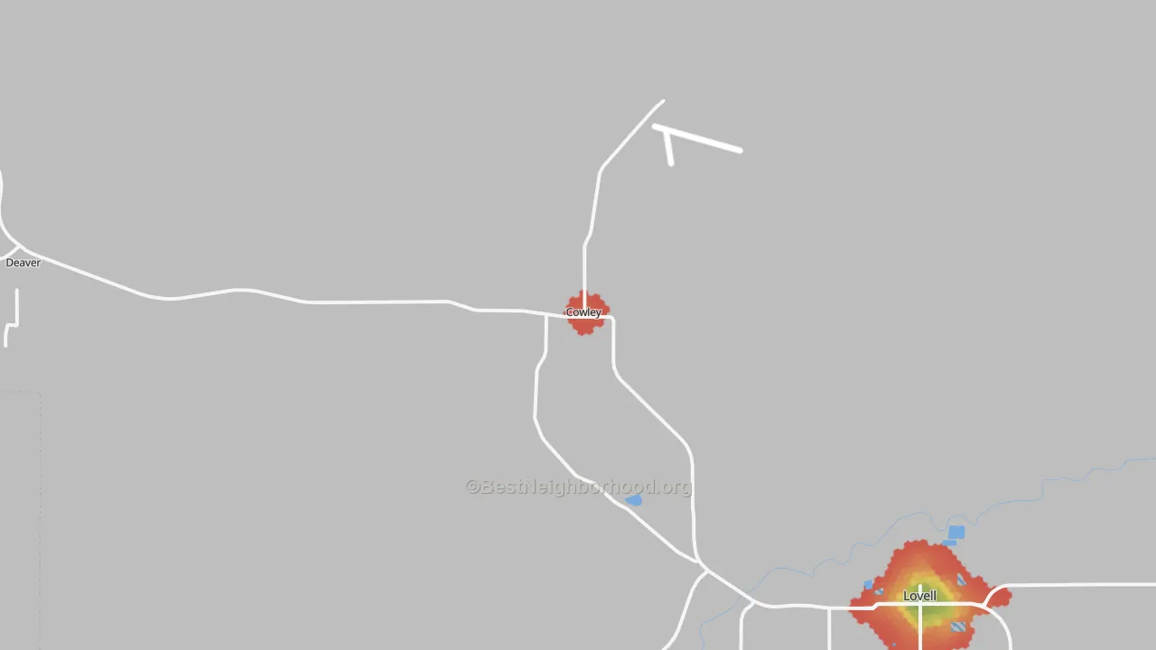Walk Grade map of Cowley, WY, walkable areas in green and car-dependent areas in red