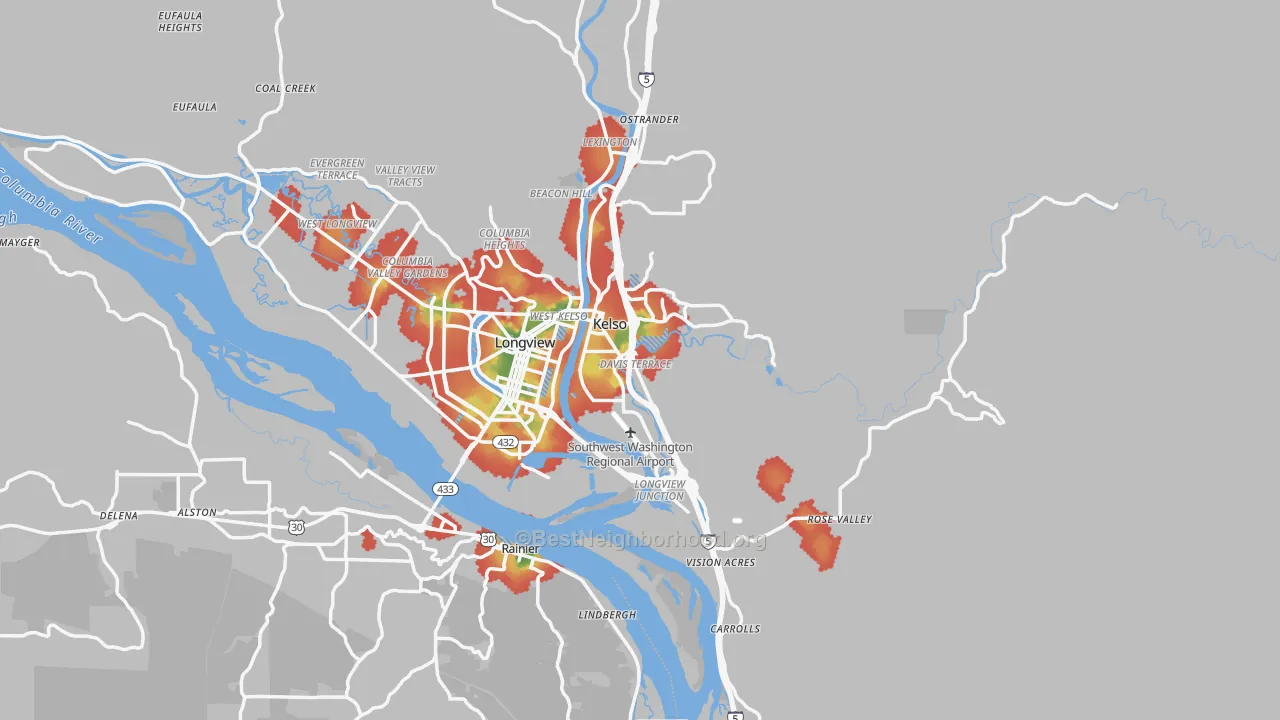Walk Grade map of Cowlitz County, WA, walkable areas in green and car-dependent areas in red