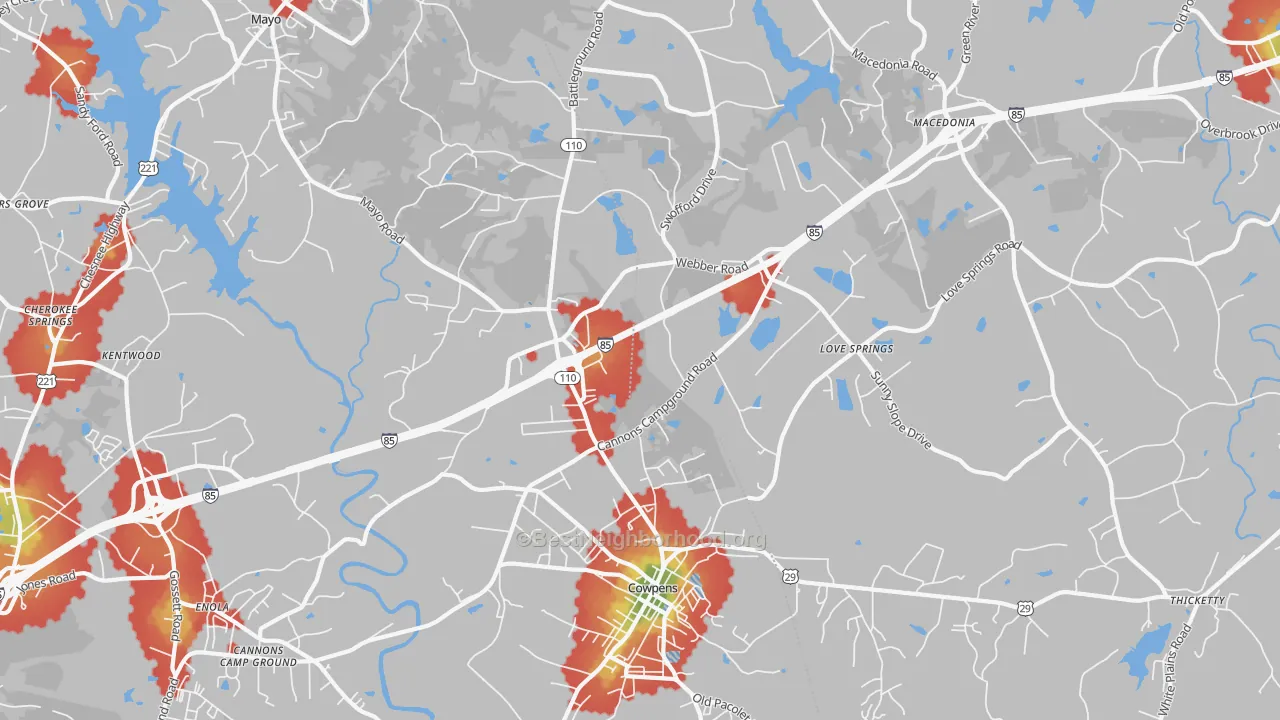 Walk Grade map of Cowpens, SC, walkable areas in green and car-dependent areas in red