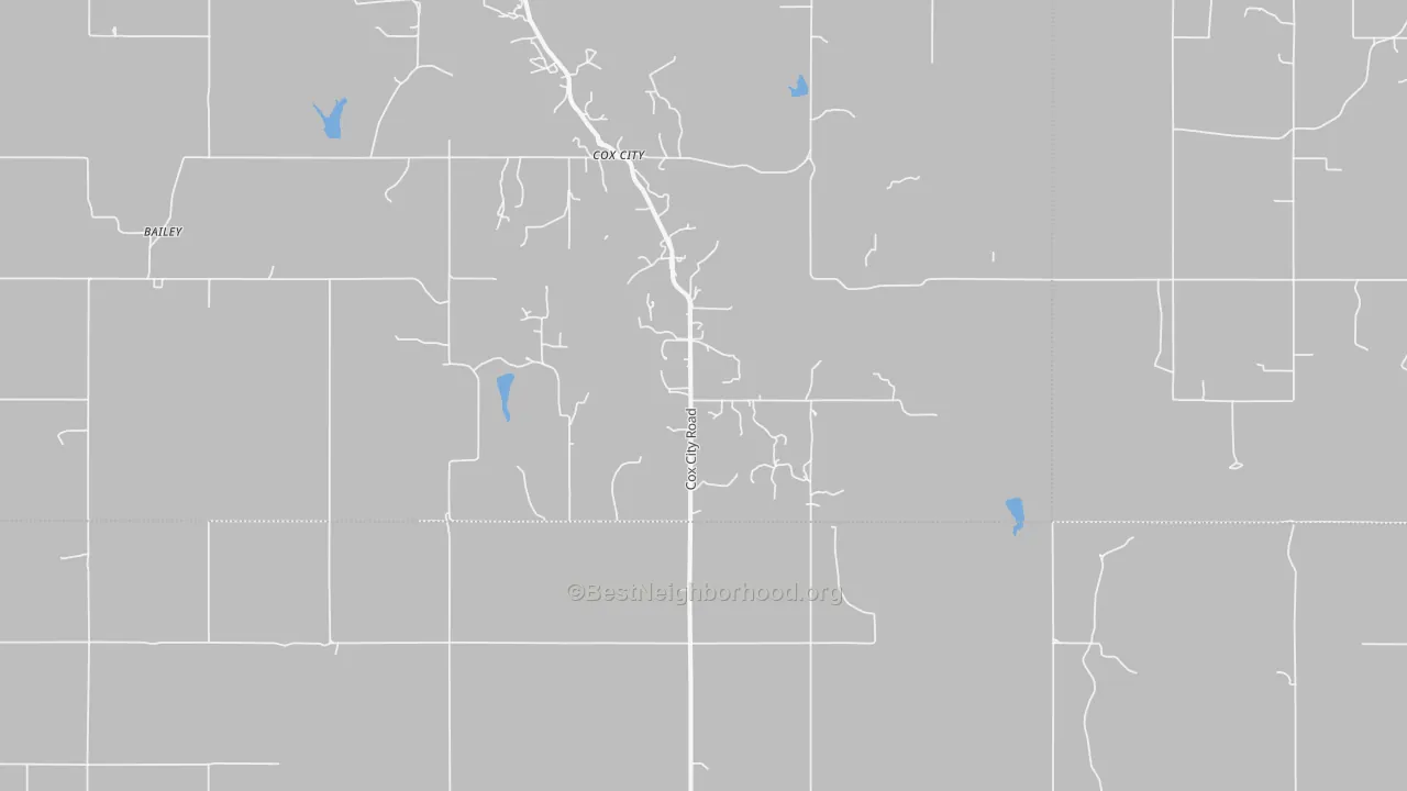 Walk Grade map of Cox City, OK, walkable areas in green and car-dependent areas in red