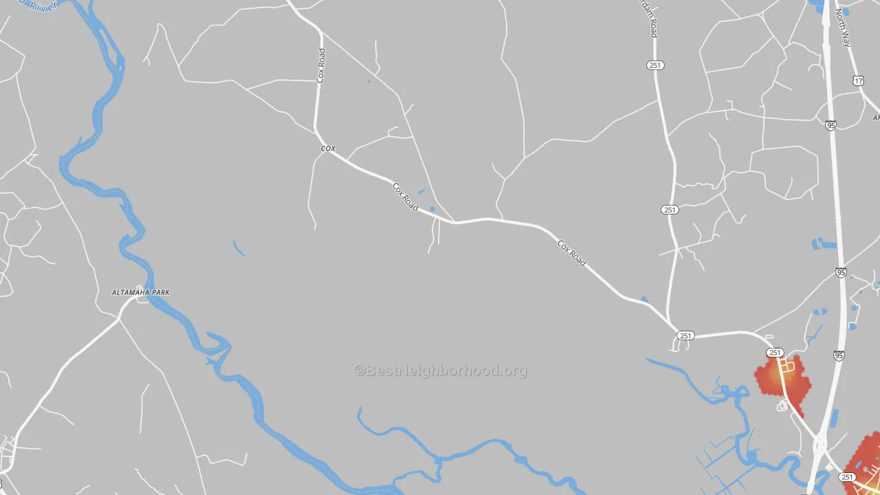 Walk Grade map of Cox, GA, walkable areas in green and car-dependent areas in red