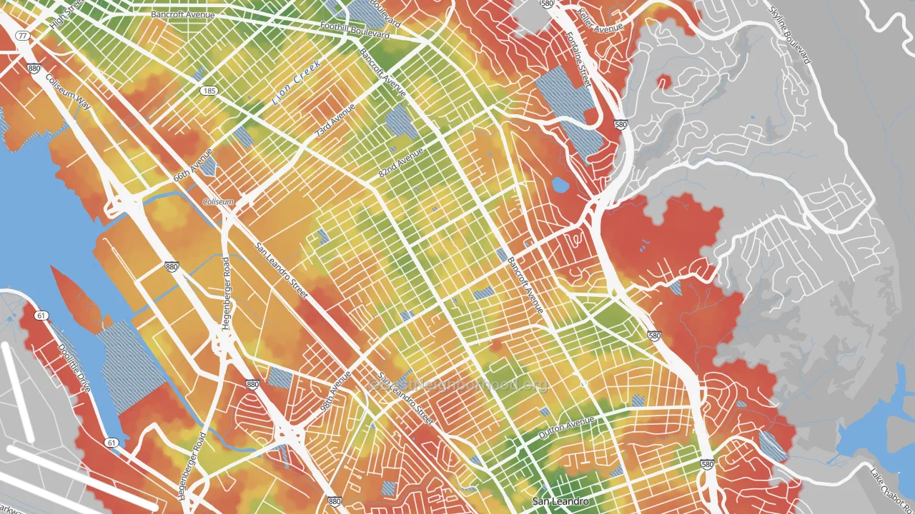 Walk Grade map of Cox, Oakland, CA, walkable areas in green and car-dependent areas in red