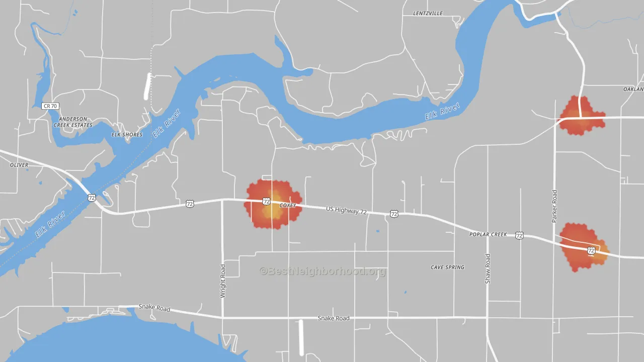 Walk Grade map of Coxey, AL, walkable areas in green and car-dependent areas in red