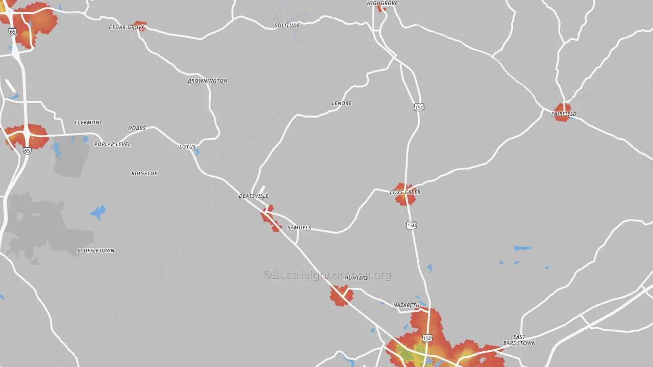 Walk Grade map of Coxs Creek, KY, walkable areas in green and car-dependent areas in red