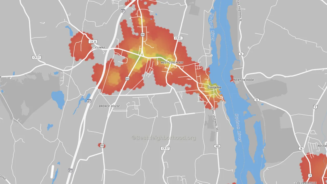 Walk Grade map of Coxsackie, NY, walkable areas in green and car-dependent areas in red