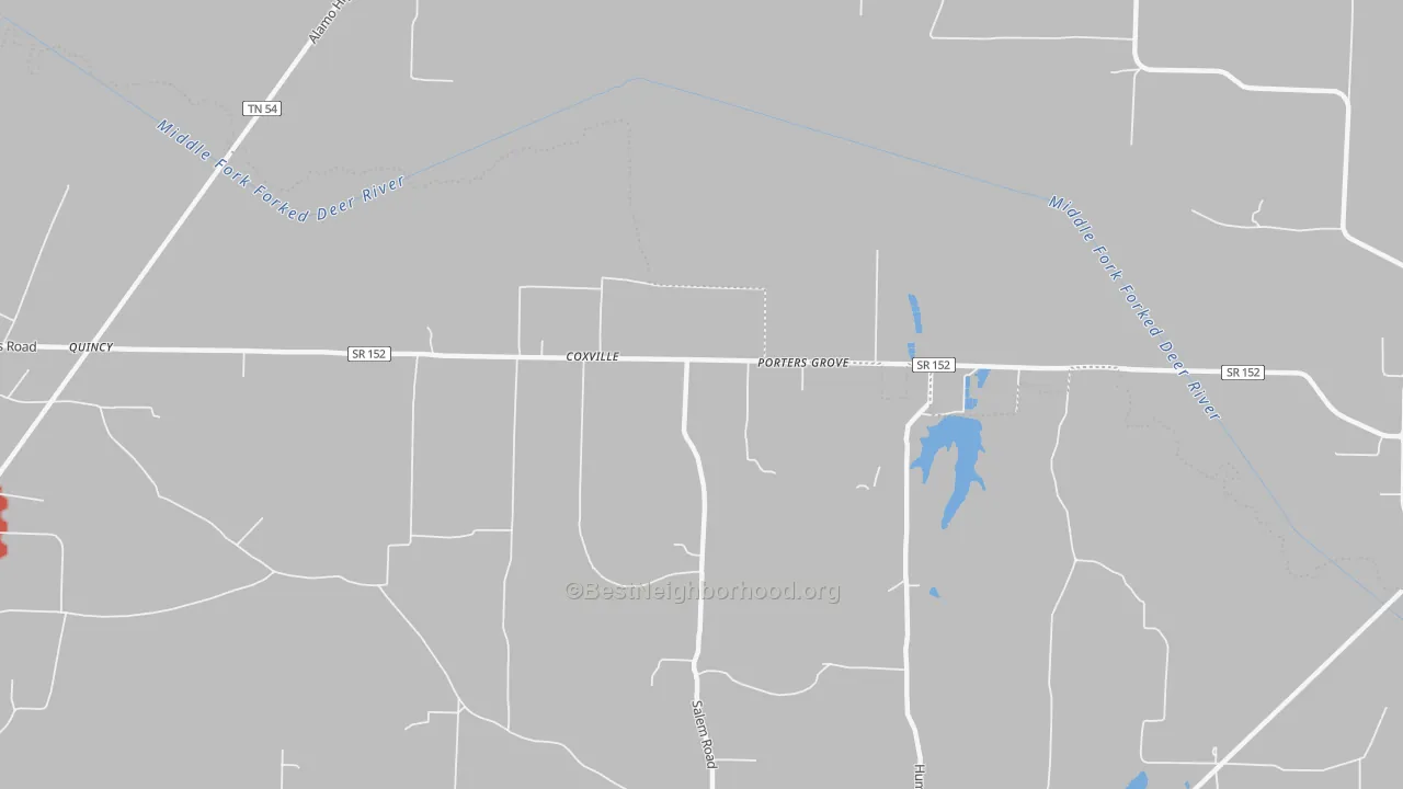 Walk Grade map of Coxville, TN, walkable areas in green and car-dependent areas in red