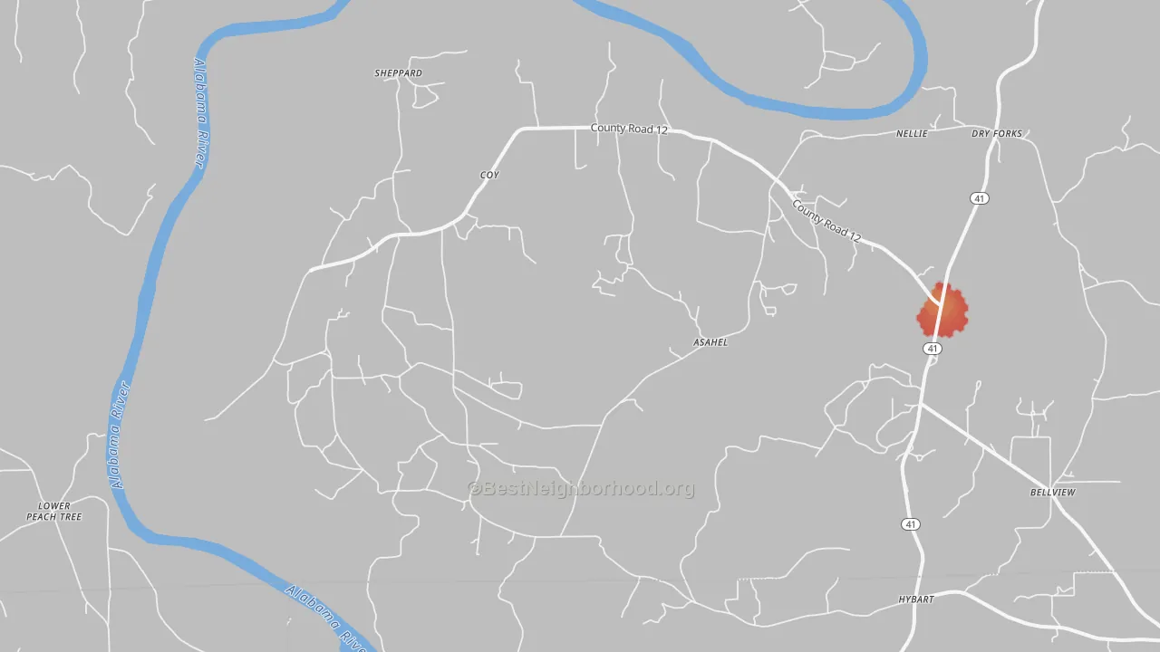 Walk Grade map of Coy, AL, walkable areas in green and car-dependent areas in red