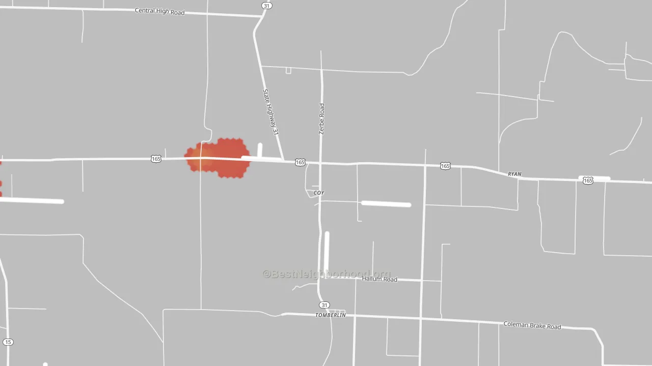 Walk Grade map of Coy, AR, walkable areas in green and car-dependent areas in red