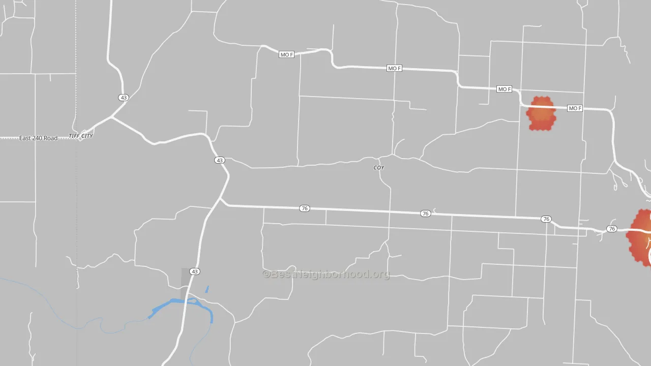 Walk Grade map of Coy, MO, walkable areas in green and car-dependent areas in red