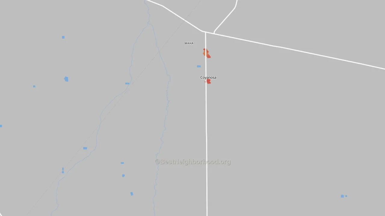Walk Grade map of Coyanosa, TX, walkable areas in green and car-dependent areas in red