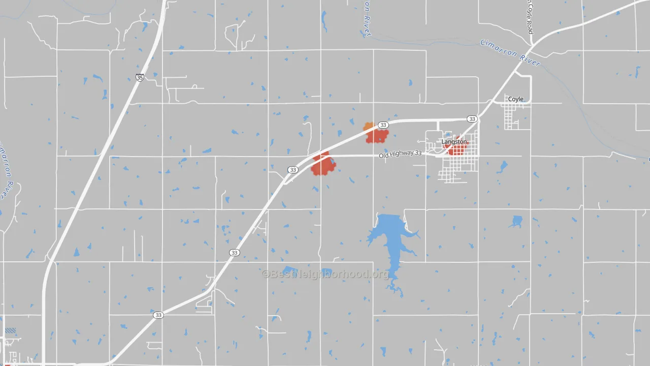 Walk Grade map of Coyle, OK, walkable areas in green and car-dependent areas in red