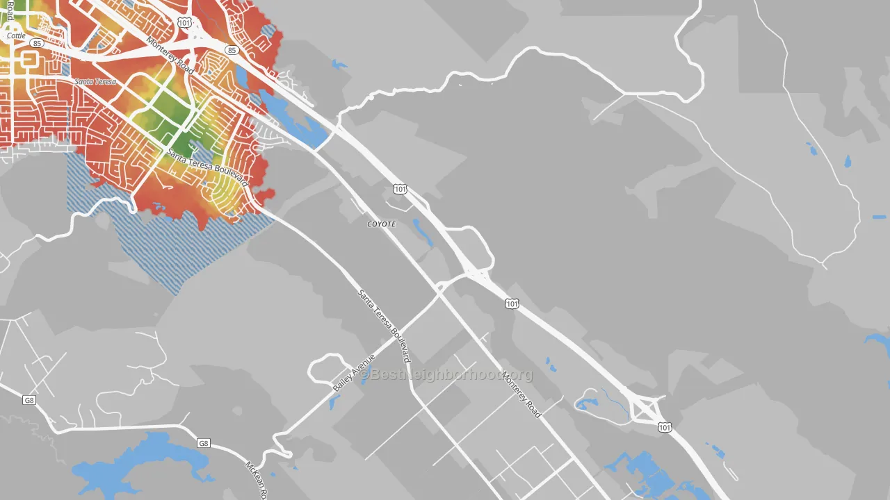 Walk Grade map of Coyote, CA, walkable areas in green and car-dependent areas in red