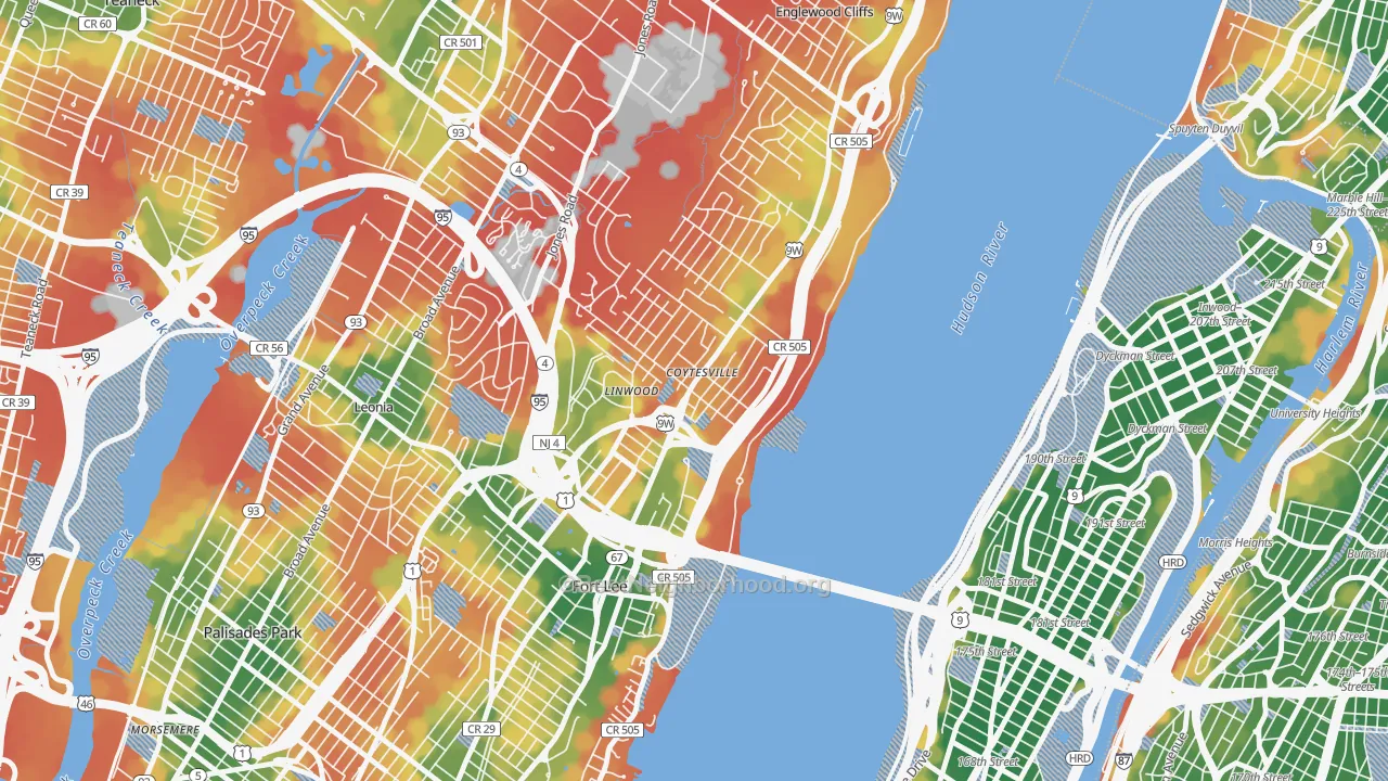 Walk Grade map of Coytesville, Fort Lee, NJ, walkable areas in green and car-dependent areas in red