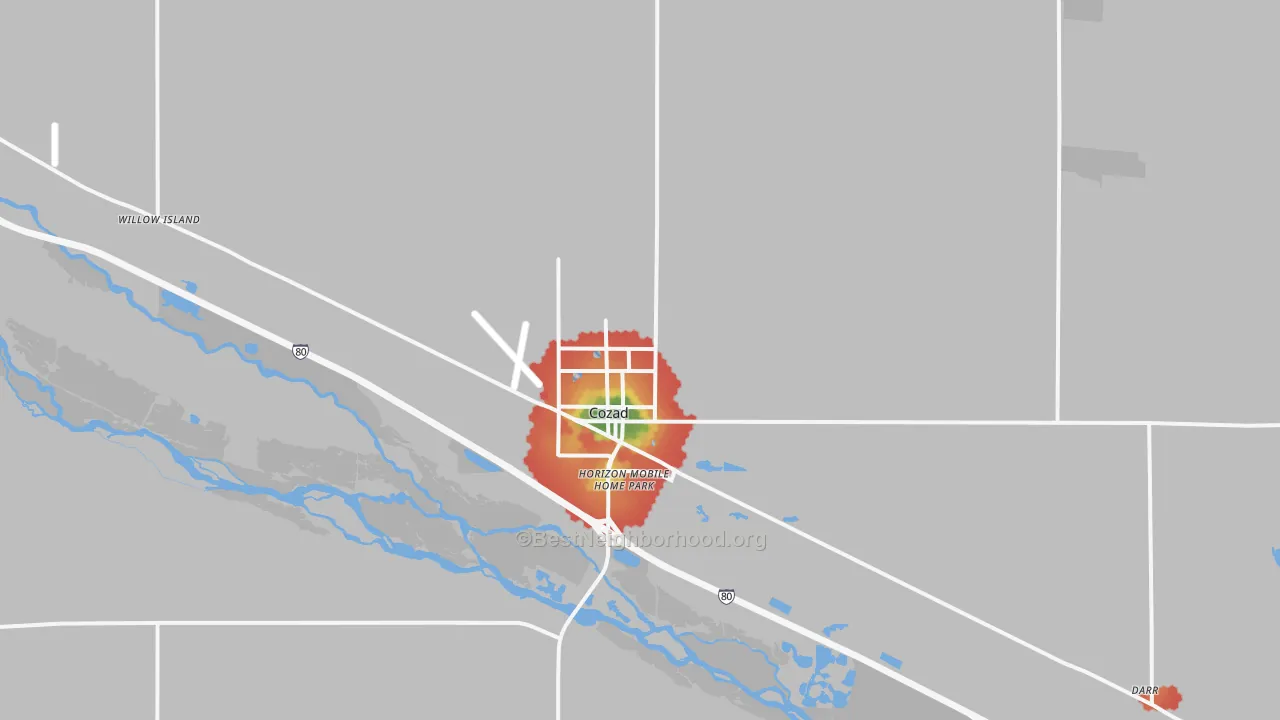 Walk Grade map of Cozad, NE, walkable areas in green and car-dependent areas in red