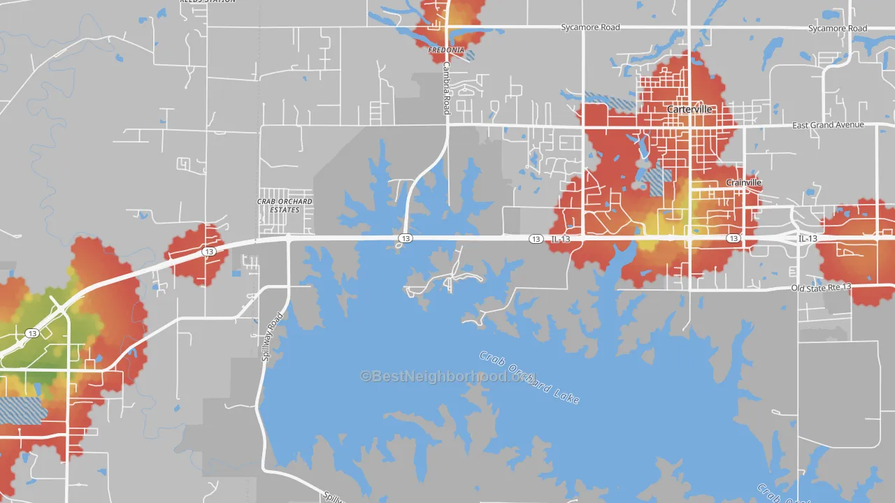 Walk Grade map of Crab Orchard Estates, IL, walkable areas in green and car-dependent areas in red