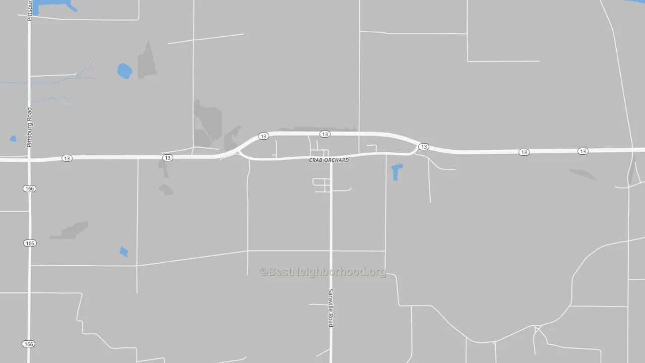 Walk Grade map of Crab Orchard, IL, walkable areas in green and car-dependent areas in red