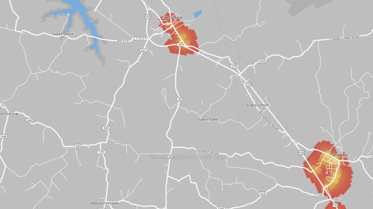 Walk Grade map of Crab Orchard, KY, walkable areas in green and car-dependent areas in red