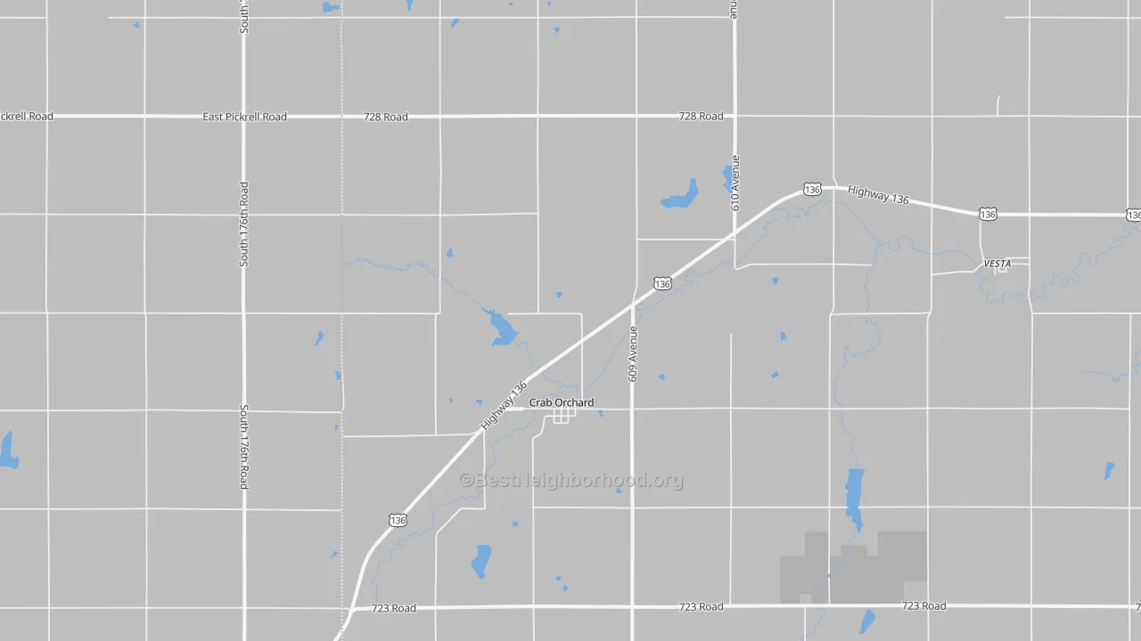 Walk Grade map of Crab Orchard, NE, walkable areas in green and car-dependent areas in red