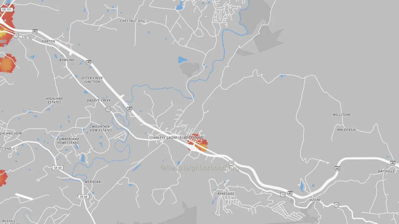 Walk Grade map of Crab Orchard, TN, walkable areas in green and car-dependent areas in red