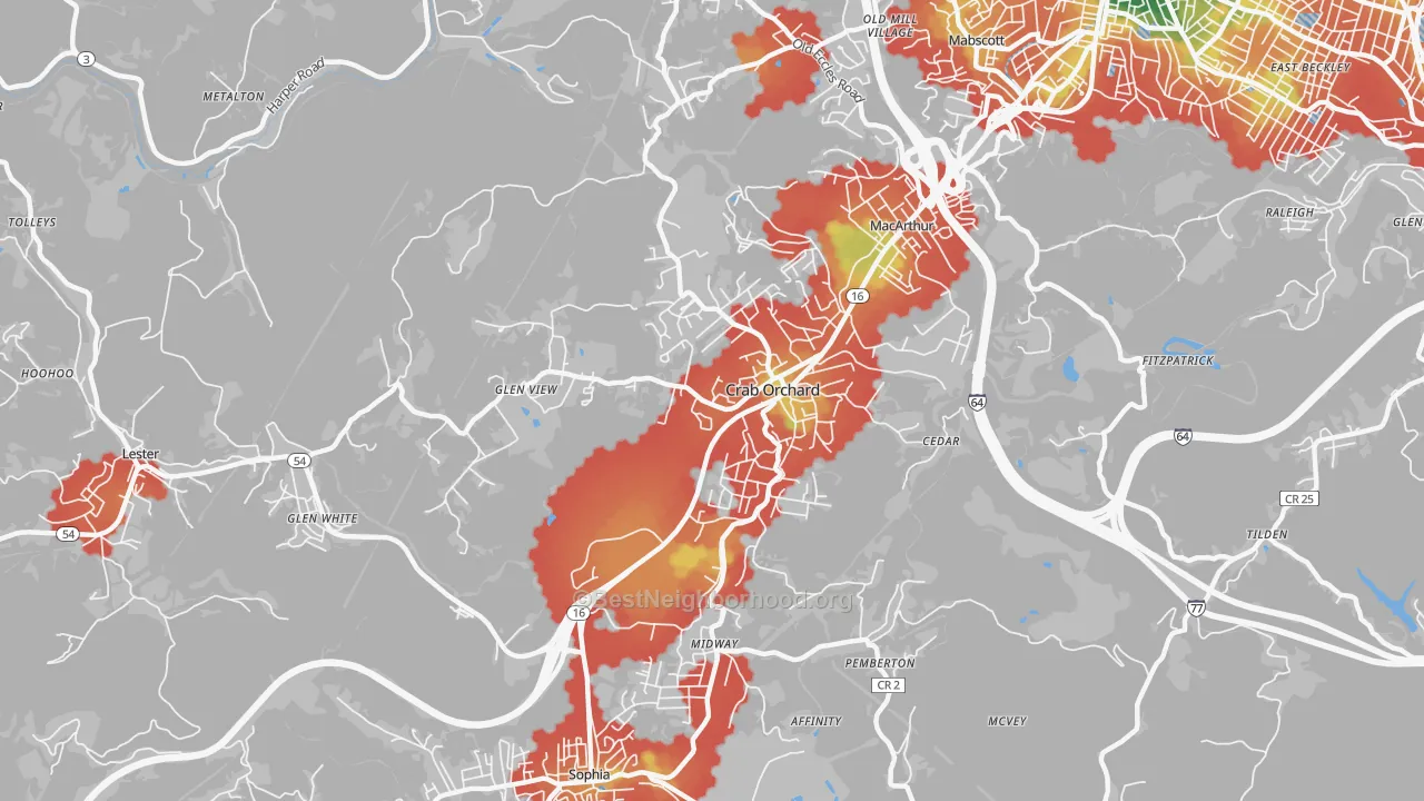 Walk Grade map of Crab Orchard, WV, walkable areas in green and car-dependent areas in red