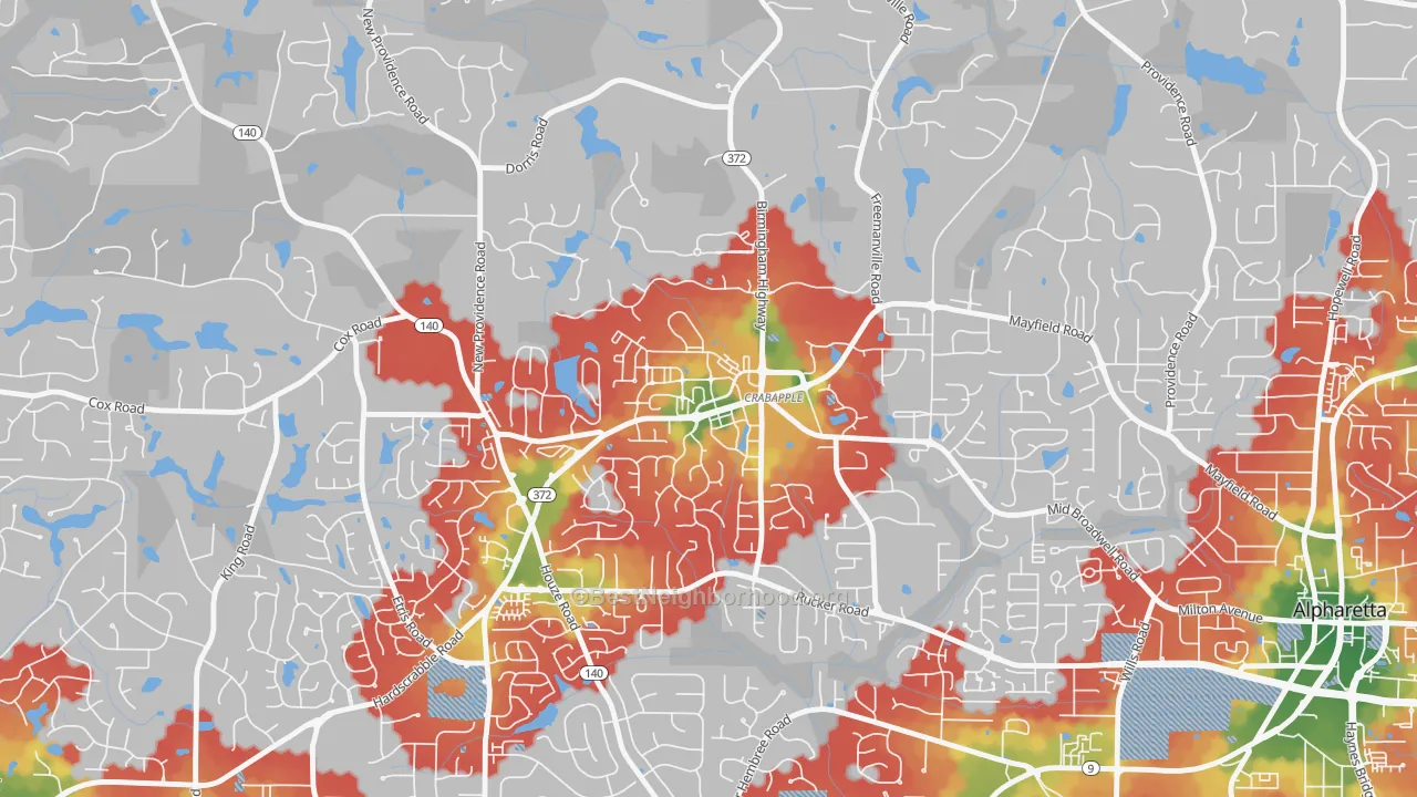 Walk Grade map of Crabapple, Milton, GA, walkable areas in green and car-dependent areas in red